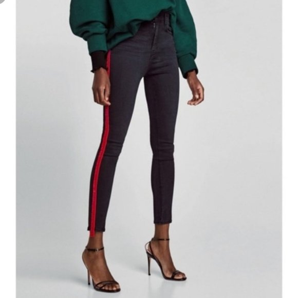 Zara High Waisted Jeans with Red Velvet Stripe